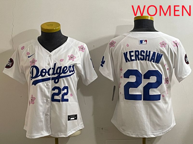Women Los Angeles Dodgers 22 Kershaw White Sakura Edition 2025 Nike MLB Jersey style 3